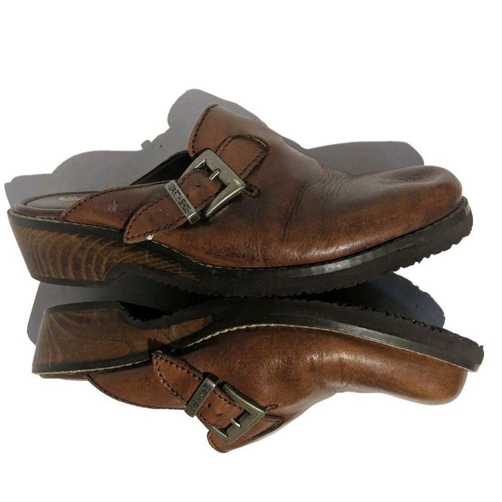 Earth Shoe Women 10 Leather Clog Mule Size  Heeled Backless Skip On Buckle Brown
